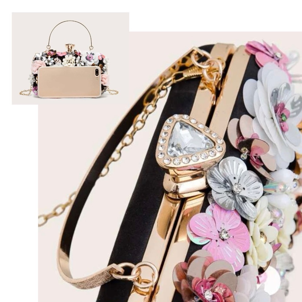 New Gorgeous Floral Clutch Box Bag Embellished - Picture 3 of 9